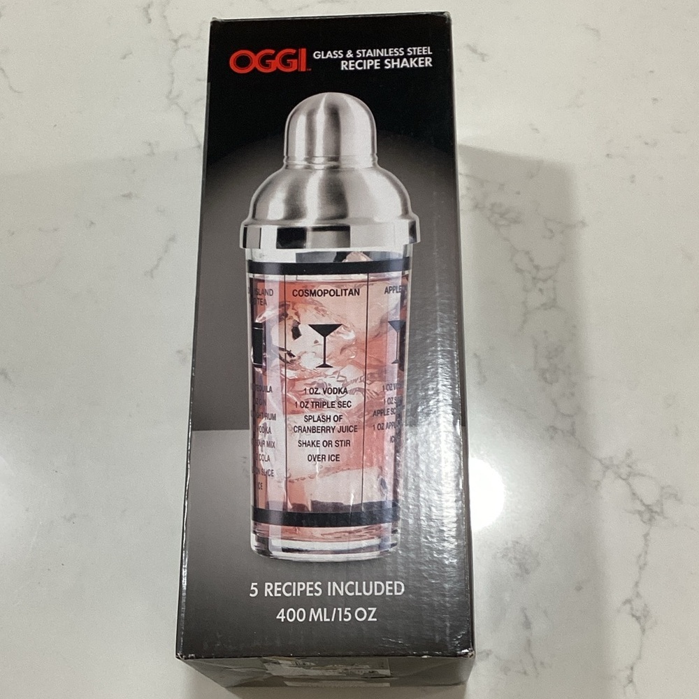 NWOT Glass and Stainless Steel Recipe Shaker